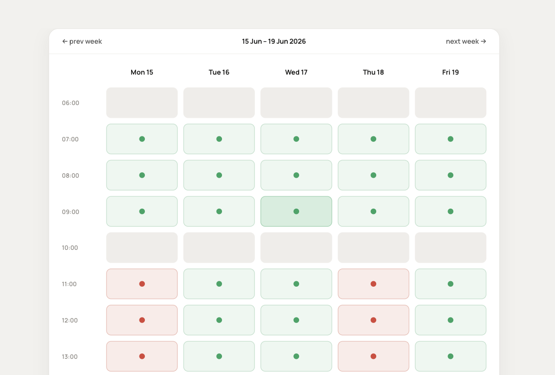 Available booking slots calendar for passenger transport routes
